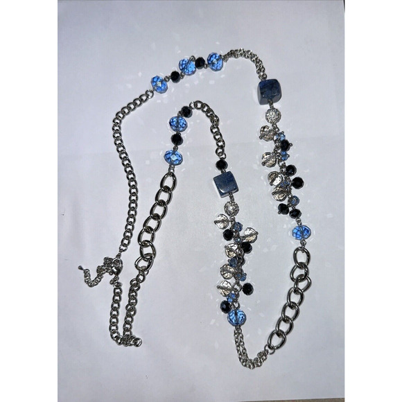 Long Blue Stone Black Clear Blue Glass‎ Beads Silver Tone Chain Necklace Boho - Picture 1 of 11